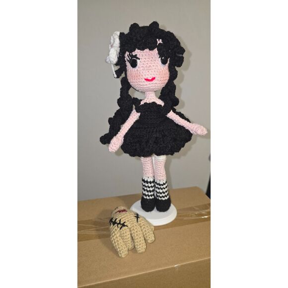 Handmade Crochet Wednesday Addams Doll with “Thing” Companion - Picture 12 of 14